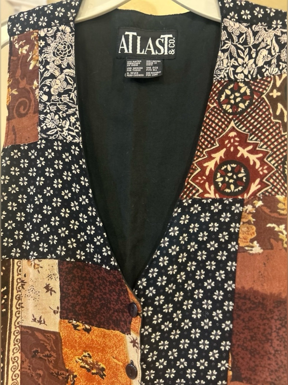 Vintage At Last & Co Patchwork Boho Vest Black Rust Button Front M - Picture 4 of 7